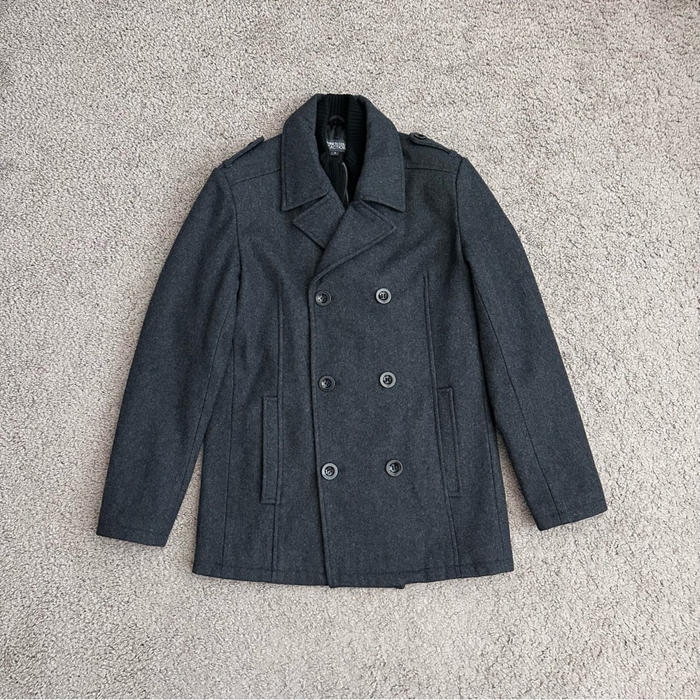 Kenneth Cole Reaction Dark Charcoal Double-Breasted Wool Blend Jacket Mens S